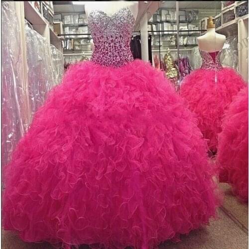Hot Pink Ruffled Organza Quinceanera Dresses Gowns Crystal Ball Gown Vestidos De 15 Anos Rhinestones Beading Sweet 16 Dress