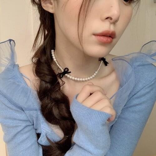 MENGJIQIAO Korean Fashion Black Velvet Bowknot Choker For Women Elegant Pearl Wedding Chain Necklace Bijoux Colares Jewelry