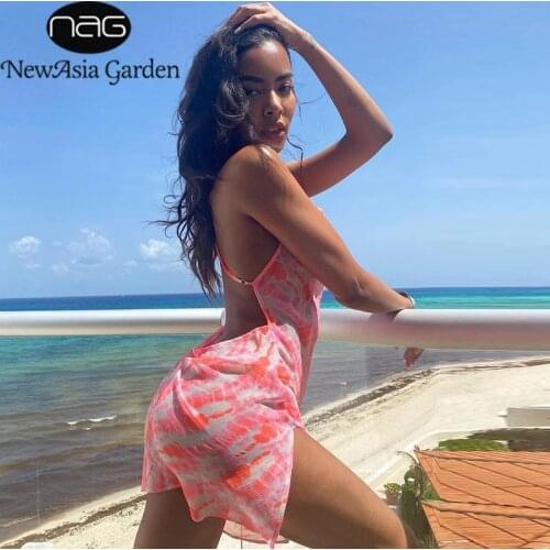 NewAsia Print Chiffon Dress See through Backless Split Spaghetti Strap High Waist Loose Sexy Dresses Beach Chic Mini Robe 2020