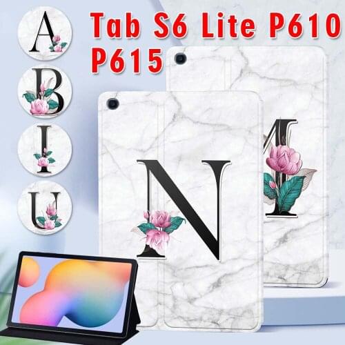 Tablet Case for Samsung Galaxy Tab S6 Lite 10.4 SM-P610/P615 White Marble Alphabet Pattern PU Leather Stand Cover Case