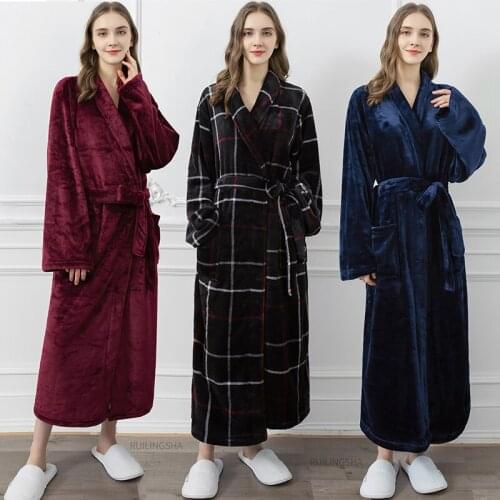 Extra Plus Size Long Warm Flannel Bathrobe for Women Men Weight 70-140KG Plaid Bath Robe Coral Fleece Dressing Gown Sleepwear