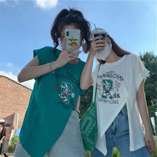 Spice Girl slit T-shirt irregular loose white short-sleeved design feel street top women sexy tops harajuku