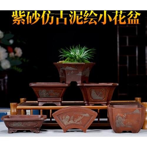Classical Raw Ore Purple Sand Orchid Bonsai Basin Exquisite Mud Painted Antique Square Flower Pot Home Simple Decoration