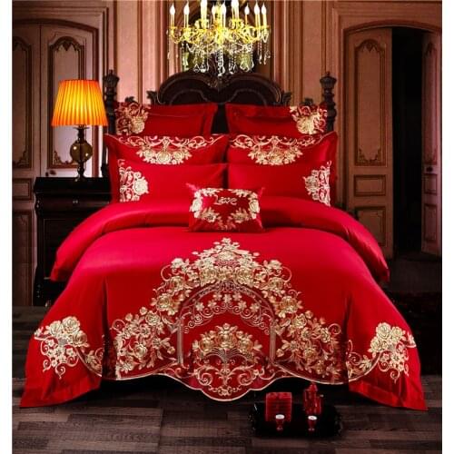 4/6/9pcs Egypt Cotton Gold Flowers Embroidery Bedding Set 4PCS KING QUEEN SIZE Wedding Bed Set Bed Cotton Set Bedsheet Linen