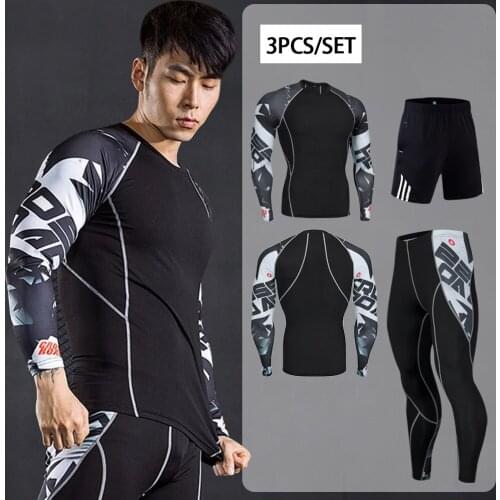 Men New Compression 3 Pcs/Sets Sports T-Shirt Mens Running Shrits +Jogging Pants Indoor Gym Training Sportswear Suit