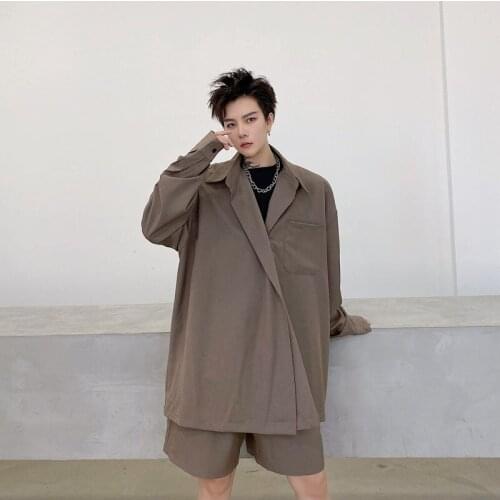 Two Pieces Set Oversized Cloth 2021 Autumn Solid Color Single Button Loose Mens Long Sleeve Shirt + Wide Leg Shorts
