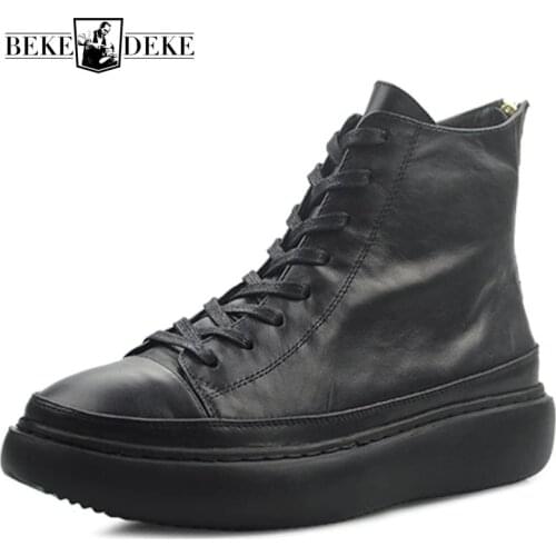 2019 New High Top Mens Platform Shoes Zip Genuine Leather Boots Med Heels Hip Hop Lace Up Punk Trainers Bikers Ankle Boot