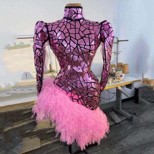 New Female Host Long Sleeve Pink Mirror Gauze Skirt Nightclub Gogo Dancer Team Performance Clothes Festival Rave Outfit DWY5146