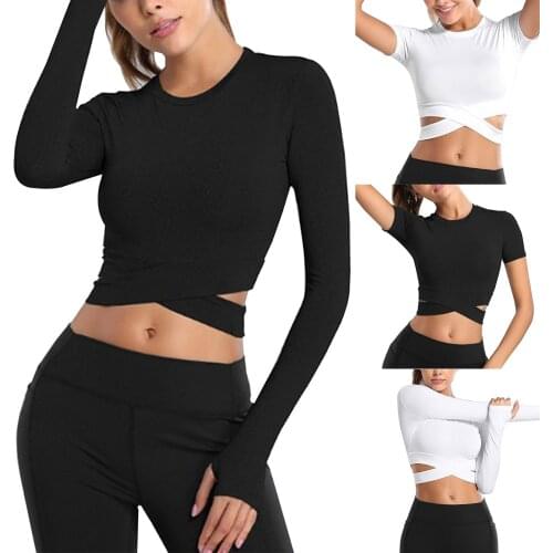 Tight Yoga Shirts Women Long Short Sleeve Cropped Gym Tops Fitness Running Workout Sport T-Shirts Sports Wear