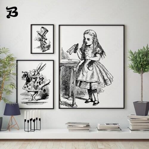 Simple Sketch Painting Girl Poster Black and White Classic Style Hand Drawn Alice In Wonderland Canvas Poster Room Decoration