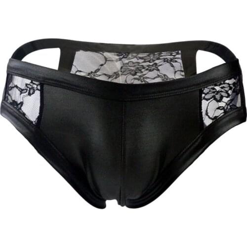 Sexy Gay Underwear Men Briefs Shorts Leather Transparent Lace Panties Man Solid Low Rise Pouch Underpants Cueca calzoncillo M-XL