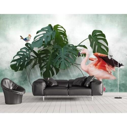 Nordic style small fresh flamingo back leaf 3D background wall decoration wallpaper murals