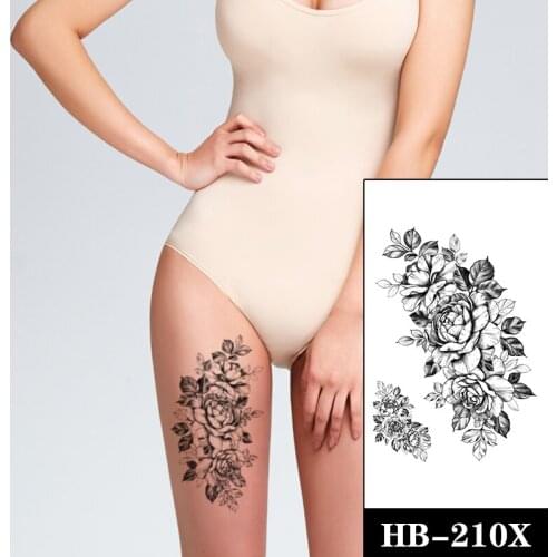 Temporary Tattoo Stickers Sexy Sketch Peony Rose Flowers Leaves Fake Tatto Waterproof Tatoo Arm Legs Large Size for Women Girl