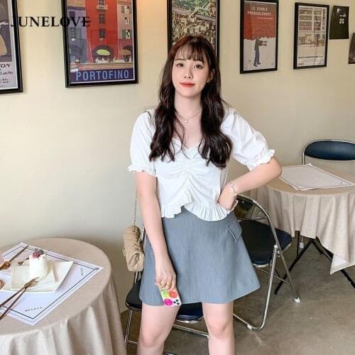 Korean V-neck Short Sleeve Shirt Vintage Woman Fashion Ruffles Fit Blouse Ladies New Crop Top Female Plus Size Blouse Tops