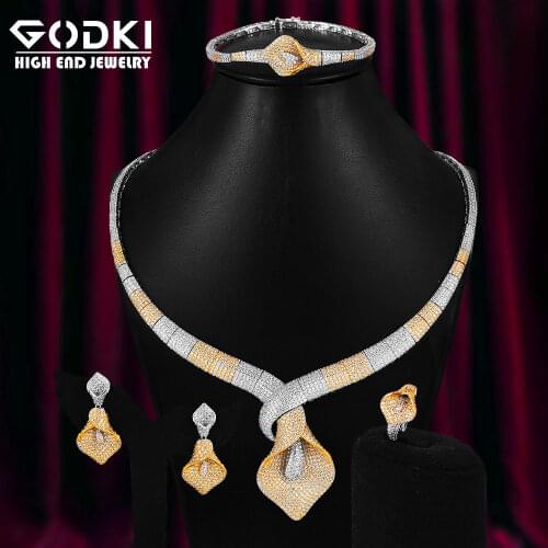 GODKI 3 Tone Luxury 4PCS Lily Flowers African Jewelry Sets For Women Wedding Cubic Zirconia Dubai Bridal SetS Costum Jewelry
