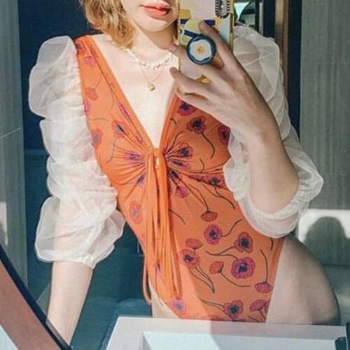 Womens Swimwear 2021 Swimsuit Puff Sleeves Skin-friendly Flower Printed Vintage Girl Swimsuit for Beach