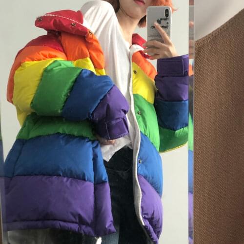 Harajuku Winter Casual Jacket Women Rainbow Wadded Parka Plus Size Loose Striped Coat Femme Chaqueta Mujer