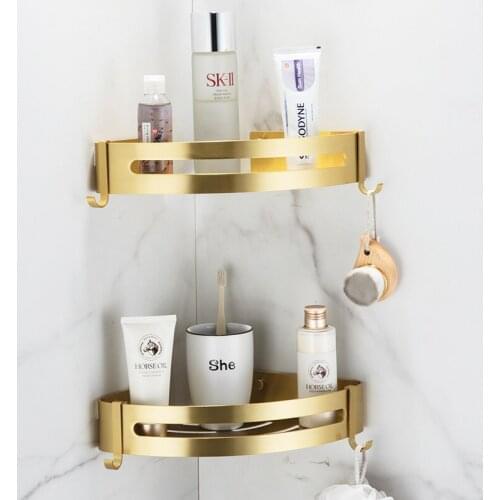 Aluminium Bathroom Corner Shelf Shower Gel Rack Shampoo Caddy Holder With Hooks Wall Mounted Nail Punched 1-2 Tier Bath Hardware