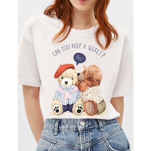 BLINGPAW Teddy Bear Couples Can You Keep A Secret Letter Print T-shirt White Cotton Unisex Top&Tees Summer Custom Tee Shirts