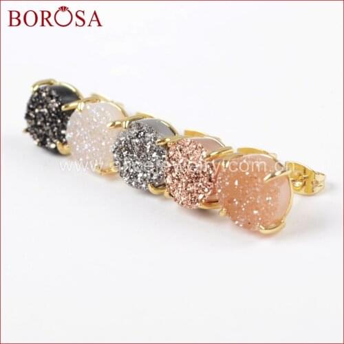 BOROSA 5Pairs New Arrival Gold Clap Rainbow Druzy Stud Earrings for Women, Fashion Gold Color Mixed Drusy Earring Jewelry ZG0250