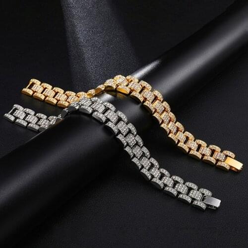 Hip Hop Iced Out Bling Gold Gold Full Rhinestones Watch Band Link Chain Bracelets Bangles for Men Rapper Jewelry