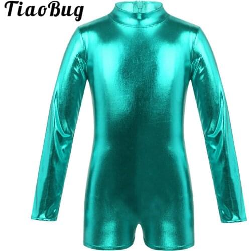 TiaoBug Kids Girls Long Sleeves Mock Neck Shiny Metallic Zipper Gym Unitards Children Ballet Gymnastics Leotard Dance Costume