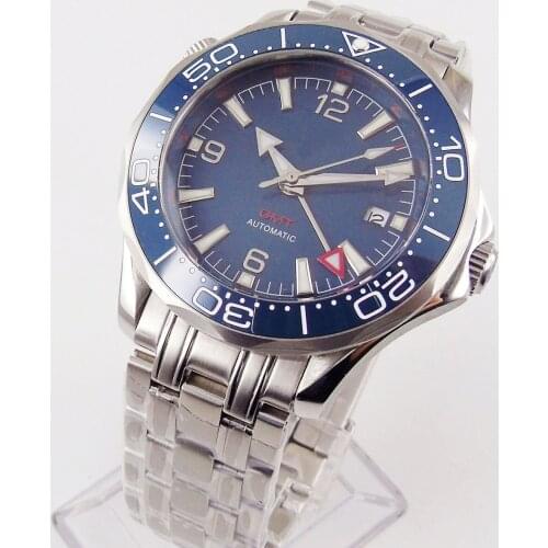 Brand 41mm Blue Dial transparent back Mens Watch With Automatic GMT Movement Date Window Sapphire Glass
