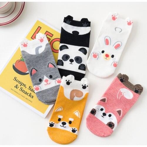 5 Pairs of Autumn and Winter Pure Cotton Cat Scratching Cartoon Ladies Short Socks Three-dimensional Animals Cute and Colorful
