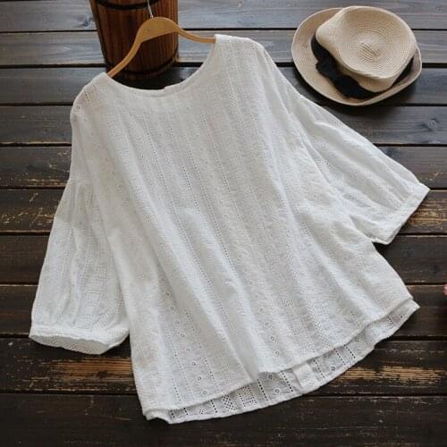 Big size new summer women Japan style simple Hollow embroidery shirt female 3/4 sleeve cotton blouse tops women