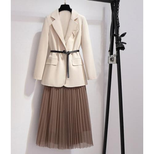 Plus Size Womens Spring And Autumn 2021 New Fashion Slim Suit Loose Temperament Pleated Skirt Two Piece Set Blazer Jacket zh701