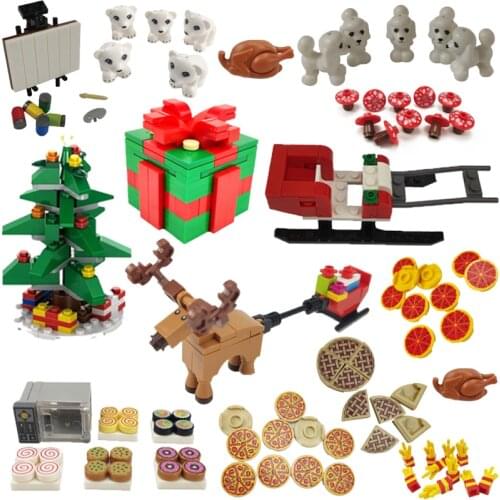 Christmas Decorate Toys For Children New Year Presents City Educational DIY Bricks Trees Roast Turkey Foods Set Compatible Block