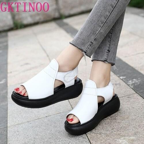 GKTINOO Womens Sandals Plus Size 33-43 Summer Genuine Leather Ladies Shoe Sandals Women Platform 5cm Heels Female Shoes