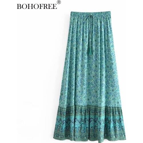 Boho Vintage Green Floral Print Rayon Cotton Maxi Skirts Summer Beach Camel skirts womens long skirt lolita skirt