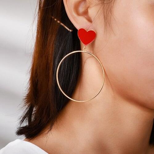 Vintage Women Heart Shape Cute Drop Earrings New Fashion Red Color Love Heart Statement Big Earrings for Women