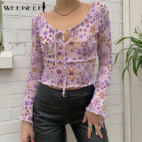 Weekeep Bandage Hollow Women Out T-Shirt Long Flared Sleeve Pullover Tie Up Crop Top Summer y2k Aesthetic Floral Print Tee Shirt