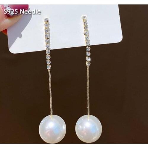 Real 925 Sterling Silver Needle Long Dangle Drop Earrings for Women Jewelry Pearl CZ Rhinestone Tassel Female Earrings Charm