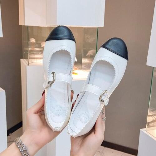 2021 Spring New Flat Mary Jane Shoes Ladies White Color Matching Ballet Flats Black Round Head Lolita Shoes Lovely Womens Shoes