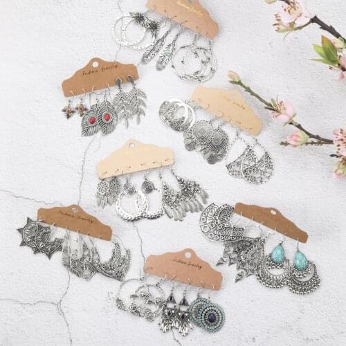 2020 Vintage Boho Earrings Set For Women Silver Golden Color Leaf Tassel Drop Earrings Fashion Charm Ethnic Set Jewelry Gift