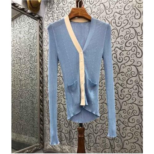 High Quality Womens Sweater Cardigans 2021 Autumn Clothing Ladies V-Neck Striped Color Block Knitted Pocket Deco Blue Black Top