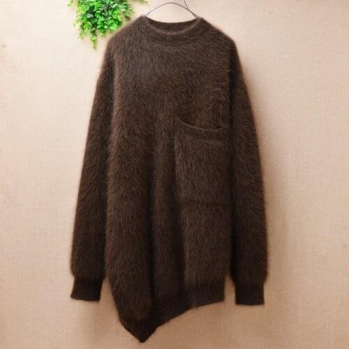 Female women hairy real soft mink cashmere fashion irregular long sleeves loose lazy oaf pullover angora fur jumper sweater pull