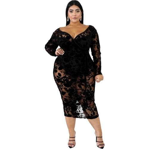 Women Floral Lace Sexy Plus Size Dress 6XL V-Neck Long Sleeve Black Party Dress Club Oversized Transparent Bodycon Midi Dress