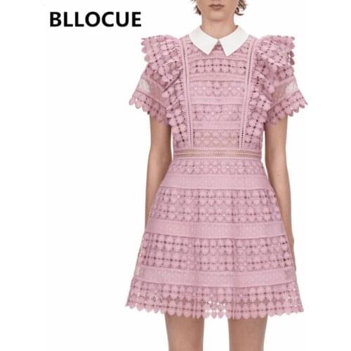 BLLOCUE 2020 Summer Self-Portrait Runway Dress New Womens Doll Collar Pink Love Water Soluble Lace Hollow Out A-Line Dress