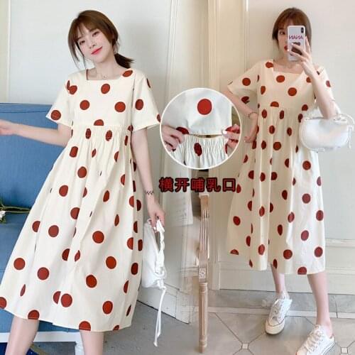 2021 New Fashion Postpartum Women Breastfeeding Fashion Dress Short Sleeve Square Collar Polka Dot Lactation Dress Nursing