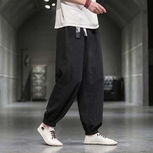2021 Summer Men Cotton Linen Pants Casual Loose Long Pants Harajuku Wide Leg Trousers Male Chinese Style Baggy Pants 30712