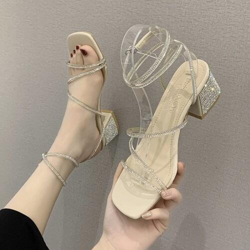 2021 Woman Sandals Shoes Summer Classic Style Med High Heels Ankle Cross Tied Blingbling Fashion Femme Sandals