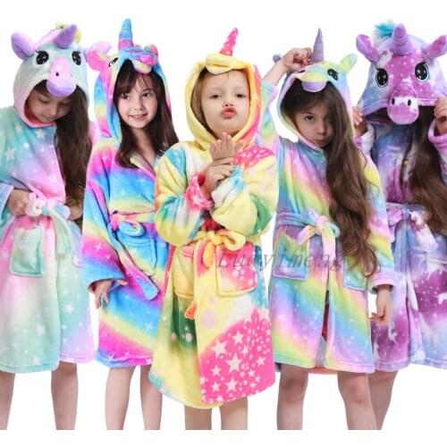 Kigurumi Children Bath Robe Baby Towel Animal Rainbow Unicorn Hooded Bathrobe For Boys Girls Pajamas Kids Sleepwear Cartoon Robe