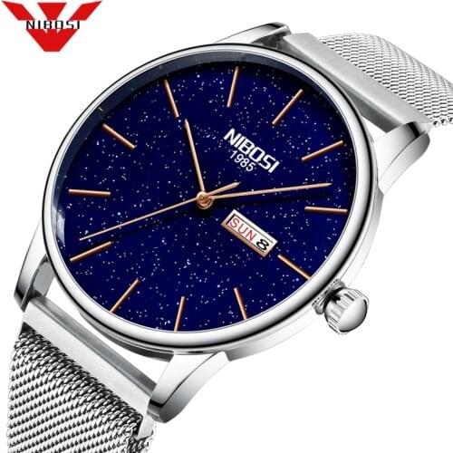 NIBOSI Mens Watches Top Brand Luxury Waterproof Sport Watch Men Silver Blue Ultra Thin Mesh Steel Quartz Clock Relogio Masculino