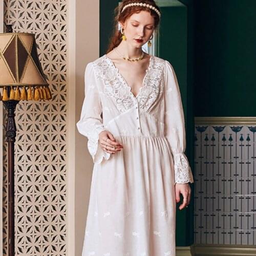 Nightgown Elegant Women Spring Nightgown Autumn Night Gown Dress Sleepwear Vintage Nighty High Class