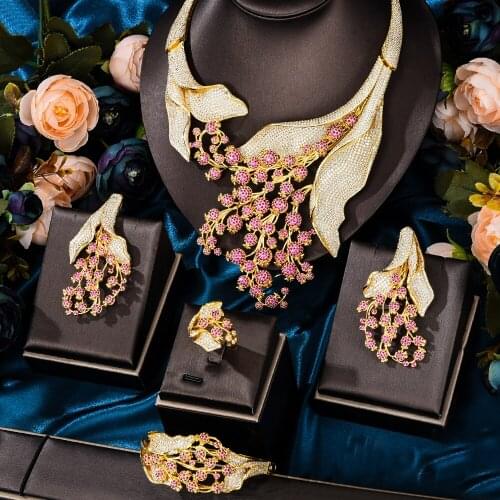 KellyBola Luxury Exquisite Bridal Wedding Zircon 4PCS Large Cluster Flower Necklace Bangle Earring Ring Female Fashion Jewelry