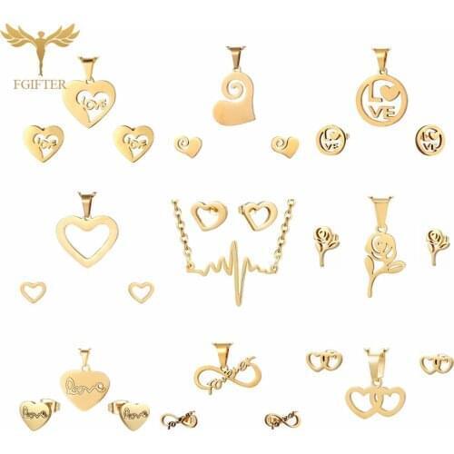 Lovers' Jewelry Set Stainless Steel Earrings and Necklace Love Heart Stud Earrings Pendant Chain Necklaces for Bride Bridesmaid